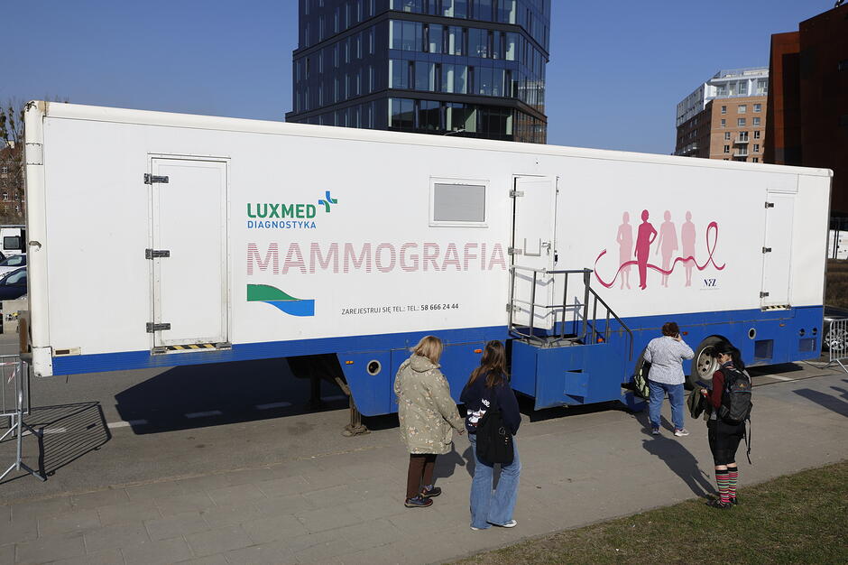 Na zdjęciu widać mobilną pracownię mammograficzną firmy LUX MED Diagnostyka, przed którą stoją pacjentki oczekujące na badanie. Biało-niebieski mammobus jest oznakowany napisem „MAMMOGRAFIA” oraz logotypem NFZ, promując profilaktykę raka piersi