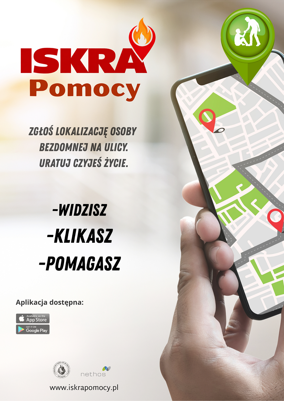 Grafika informująca o aplikacji do pomocy osobom w bezdomności.