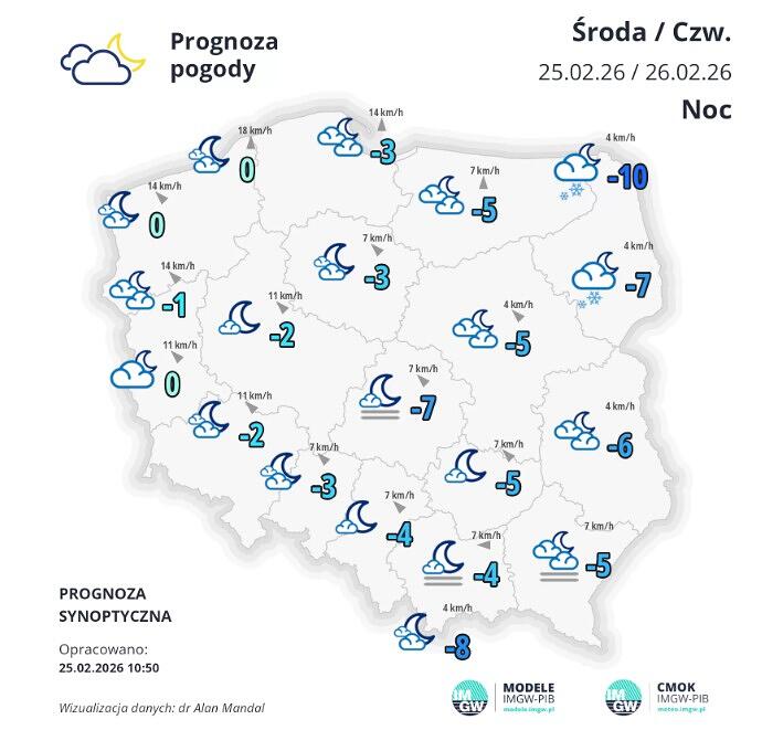 mapa synoptyczna pokazująca temperaturę dla całej Polski w nocy ze środy na czwartek 25-26.02. Na północy kraju prognozowana temperatura to -3 stopnie