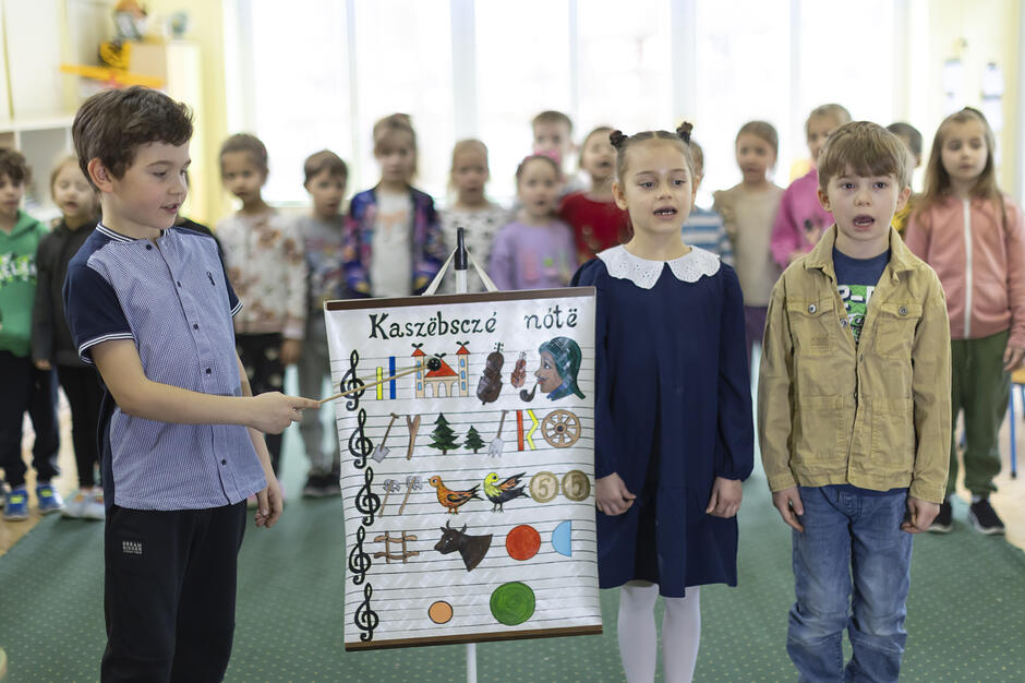 Zdjęcie przedstawia grupę dzieci w przedszkolu lub szkole, które wspólnie śpiewają tradycyjną pieśń „Kaszëbsczé nótë”, będącą jednym z najbardziej rozpoznawalnych elementów folkloru kaszubskiego. Na pierwszym planie chłopiec wskazuje na tablicę z ilustracjami symbolizującymi kolejne zwrotki utworu, takie jak basy, skrzypce czy choinki, pomagając rówieśnikom w nauce tej ludowej wyliczanki.