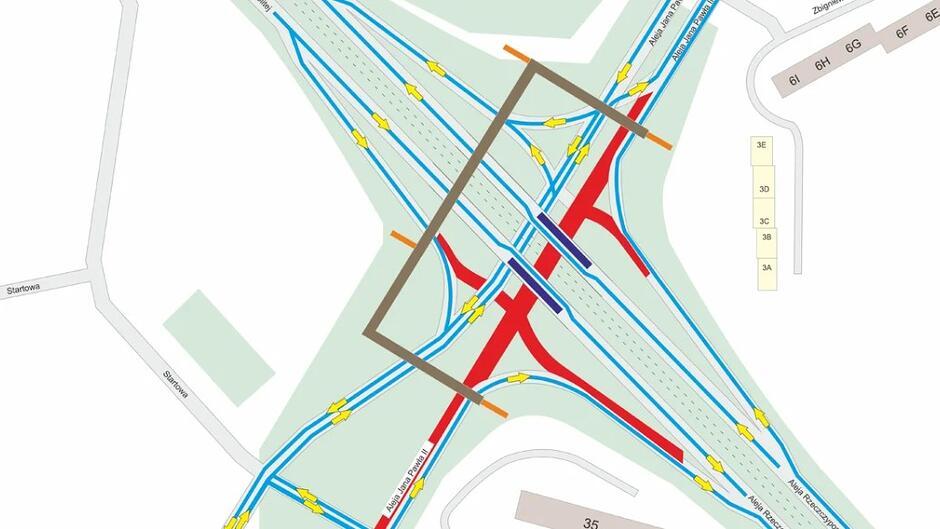 Mapka z czerwonymi liniami naniesionym na układ ulic 