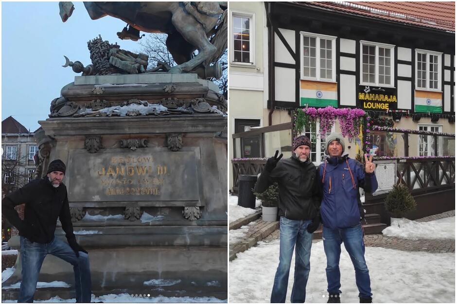 Kolaż dwóch zdjęć. Na jednym mężczyzna pozuje do zdjęcia pod pomnikiem. Na drugim z innym mężczyzną pod hinduską restauracją.