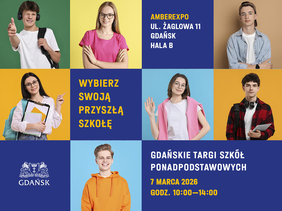 Grafika promująca Targi - napisy i kilka sylwetek uczniów i uczennic