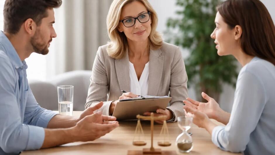 Trzy osoby rozmawiają siedząc przy stole. Po prawej kobieta - po lewej mężczyzna - między nimi kobieta jako mediatorka