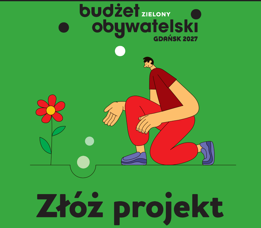grafika z zielonym tłem i kolorowym ludzikiem, który klęka przy kwiatku