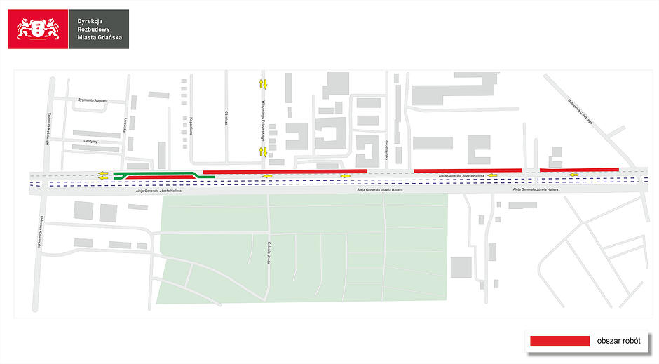 Grafika z mapą fragmentu miasta z zaznaczonym na czerwono odcinkiem ulicy, na którym będą prowadzaną roboty. 