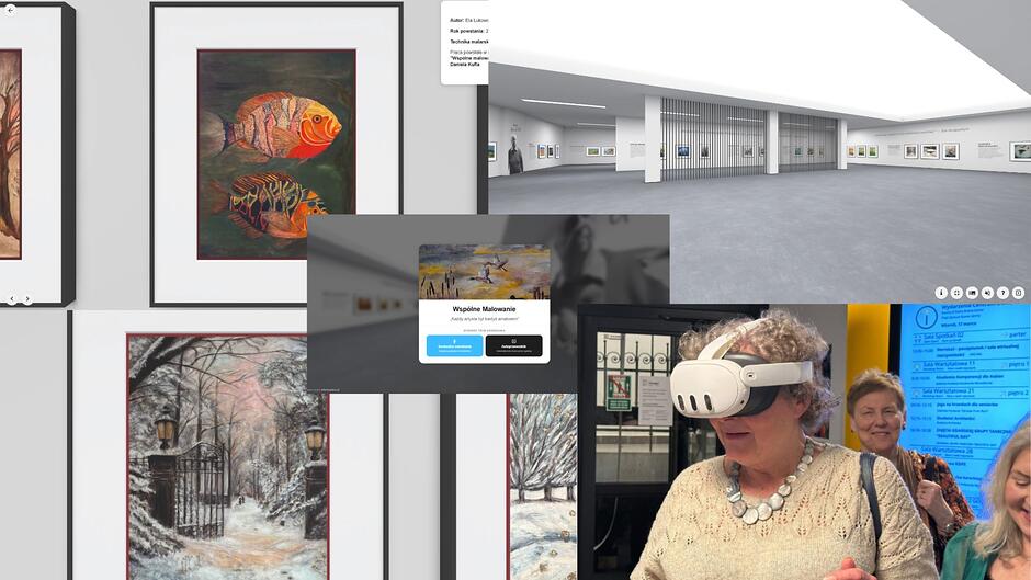 Kolaż graficzny prezentujący przenikanie się tradycyjnego malarstwa z wirtualną rzeczywistością (VR) w kontekście wystawy prac seniorów.
Ekspozycja dzieł: Po lewej stronie i w tle widoczne są zbliżenia na oprawione obrazy. Górny przedstawia dwie kolorowe, egzotyczne ryby w ciepłych barwach, dolny zaś zimowy pejzaż z ozdobną bramą prowadzącą do zaśnieżonego parku.
Wirtualna przestrzeń: W górnej części znajduje się szeroka panorama sterylnej, nowoczesnej białej galerii. Na jej ścianach wiszą liczne obrazy, a w głębi widać postać mężczyzny (prawdopodobnie Daniela Kufla).
Interfejs użytkownika: Centralny element to okno dialogowe z napisem „Wspólne Malowanie – Każdy artysta był kiedyś amatorem” oraz przyciskami wyboru trybu zwiedzania: „Swobodne zwiedzanie” lub „Autoprzewodnik”.
Interakcja: W prawym dolnym rogu widać starszą kobietę w białym swetrze i naszyjniku, która ma na twarzy gogle VR. Uśmiecha się, doświadczając wystawy wirtualnie. Obok niej widoczne są inne uczestniczki wydarzenia oraz tablica informacyjna z harmonogramem warsztatów.
