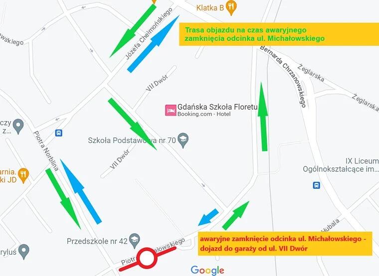 Grafika przedstawia mapę Gdańska z wyznaczoną trasą objazdu z powodu awaryjnego zamknięcia odcinka ulicy Michałowskiego. Kolorowe strzałki wskazują kierunki ruchu na okolicznych ulicach, takich jak Norblina, Chełmońskiego czy VII Dwór, ułatwiając kierowcom dojazd do garaży.
