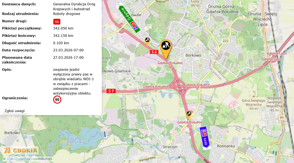 Obraz przedstawia mapę oraz szczegóły dotyczące utrudnień w ruchu na drodze ekspresowej S6 w okolicach Gdańska, spowodowanych robotami drogowymi. Według informacji na panelu bocznym, planowane jest zwężenie jezdni i ograniczenie prędkości do 90 km/h w związku z pracami antykorozyjnymi na wiadukcie.