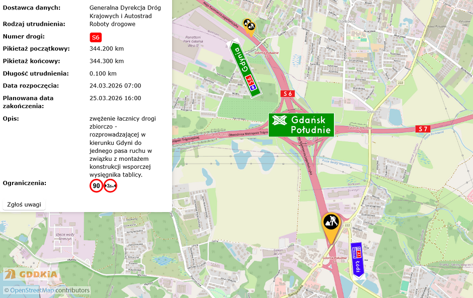 Obraz przedstawia mapę drogową oraz szczegóły dotyczące robót drogowych na węźle Gdańsk Południe, planowanych na marzec 2026 roku. Według informacji na panelu bocznym nastąpi zwężenie łącznicy w kierunku Gdyni oraz wprowadzone zostanie ograniczenie prędkości do 90 km/h.

