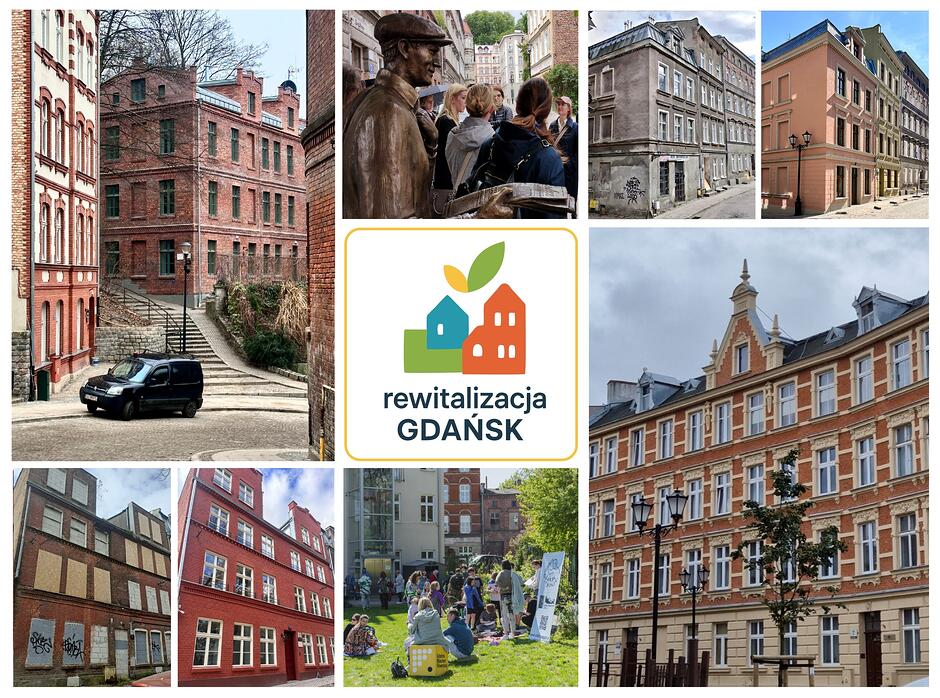 zestawienie ośmiu zdjęć z kamienicami z rewitalizacji Biskupiej Górki