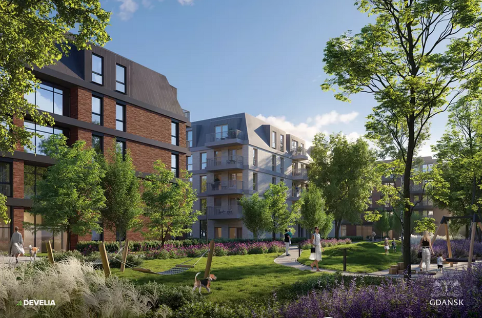 Na wizualizacji dwa nowoczesne kilkupiętrowe budynki, jeden o jasnej elewacji, drugi ceglanej, otoczone są zielenią