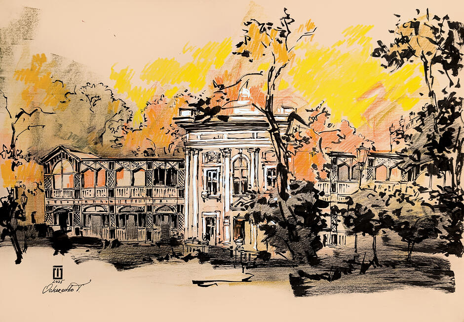 Powyższa grafika to nastrojowy szkic przedstawiający zabytkowy pałac otoczony drzewami, wykonany przy użyciu czarnego tuszu oraz dynamicznych plam koloru w odcieniach żółci i pomarańczu. Praca charakteryzuje się kontrastem między precyzyjną linią architektury a swobodnym, ekspresyjnym tłem, które przywodzi na myśl ciepłe światło zachodzącego słońca. 