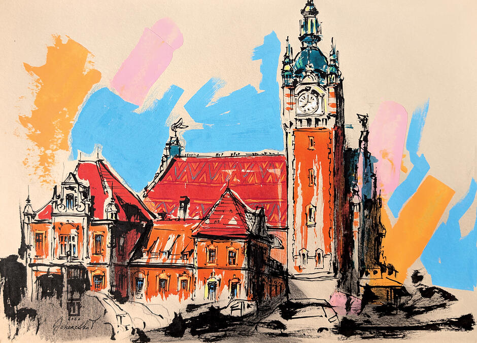 Ilustracja przedstawia zabytkowy budynek dworca Gdańsk Główny, oddany za pomocą ekspresyjnego szkicu tuszem i żywych plam koloru. Kontrast między precyzyjną wieżą zegarową a swobodnym, błękitno-pomarańczowym tłem nadaje tej architektonicznej grafice nowoczesny i dynamiczny charakter.
