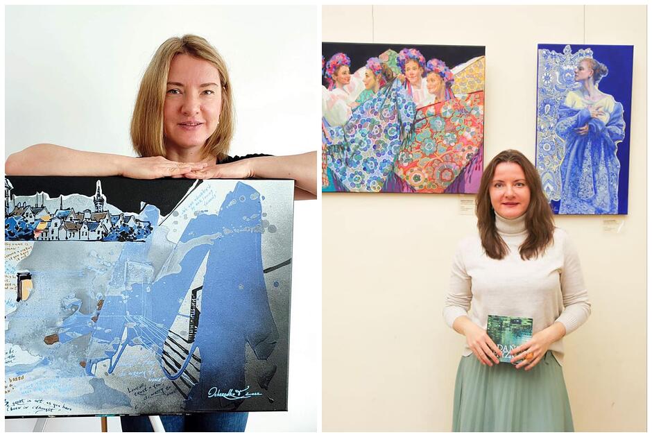 Zdjęcie przedstawia ukraińskie artystki, siostry Katerynę i Tetianę Ocheredko, prezentujące swoje prace charakteryzujące się bogatą kolorystyką i motywami folkowymi oraz architektonicznymi. Na fotografiach widać zestawienie nowoczesnej grafiki miejskiej z tradycyjnymi, barwnymi portretami kobiet w strojach ludowych, co oddaje różnorodność ich twórczości.