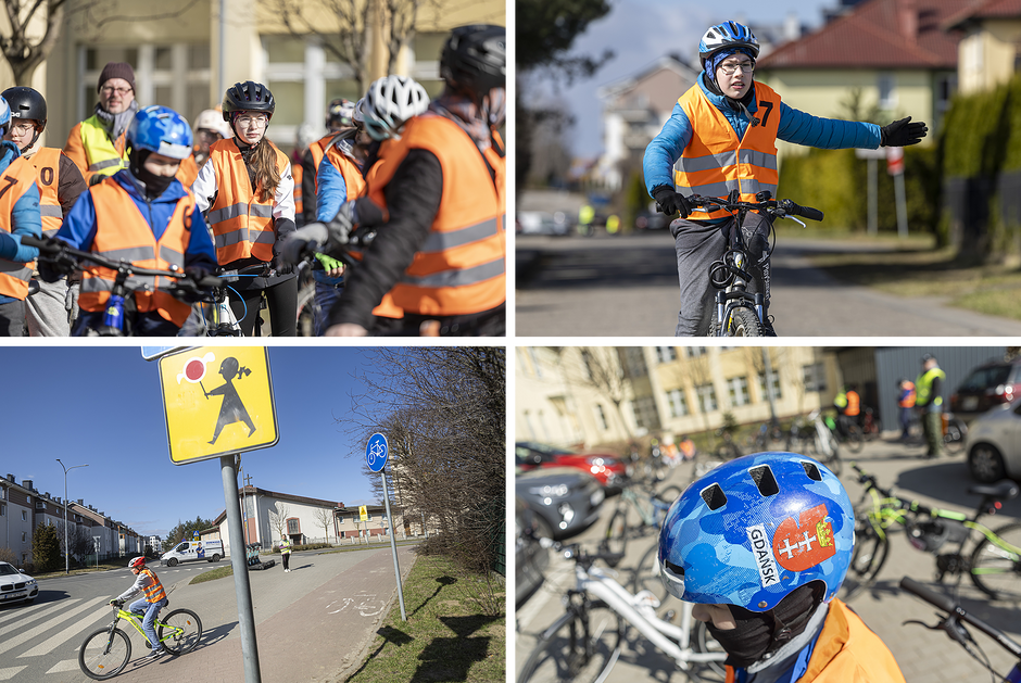 Kolaż przedstawia grupę dzieci uczestniczących w kursie bezpiecznej jazdy na rowerze pod okiem instruktorów. Uczestnicy są wyposażeni w kaski i kamizelki odblaskowe, ucząc się prawidłowego sygnalizowania manewrów oraz poruszania się po infrastrukturze miejskiej Gdańska