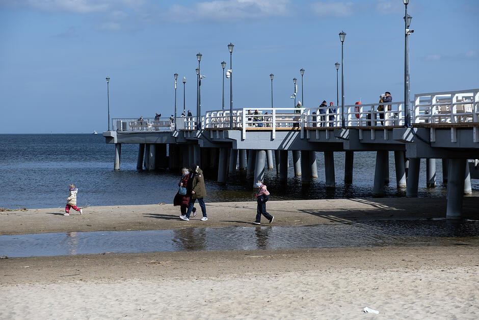Plaża, brzegiem morza idzie kilka osób, z prawej strony molo.