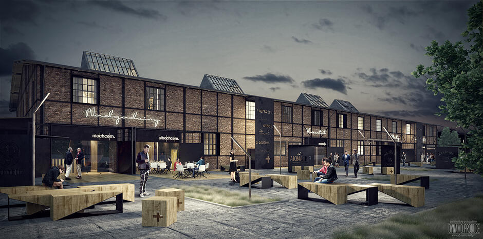 Wizualizacja dawnej hali stoczniowej przerobionej na centrum designu i rzemiosła.