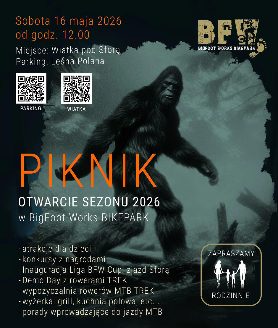 Grafika informująca o otwarciu sezonu rowerowego w lesie z obrazkiem Yeti idącego przez las.