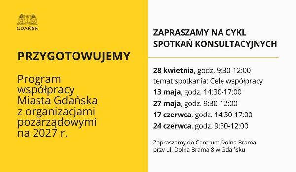 Plakat informacyjny miasta Gdańsk. Po lewej stronie żółte tło z napisem: „Przygotowujemy program współpracy Miasta Gdańska z organizacjami pozarządowymi na 2027 r.”. Po prawej stronie na szarym tle: „Zapraszamy na cykl spotkań konsultacyjnych” oraz terminy spotkań: 28 kwietnia (9:30–12:00, temat: cele współpracy), 13 maja (14:30–17:00), 27 maja (9:30–12:00), 17 czerwca (14:30–17:00), 24 czerwca (9:30–12:00). Na dole informacja o miejscu: Centrum Dolna Brama przy ul. Dolna Brama 8 w Gdańsku