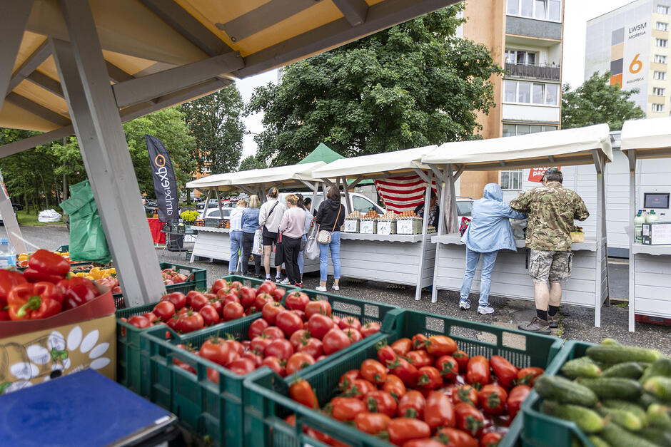 na pierwszym planie skrzynie wypełnione pomidorami, po prawej skrzynia z ogórkami, a z lewej z czerwoną papryką, w tle estetyczne drewniane stoiska przy których stoją ludzie w kolejkach