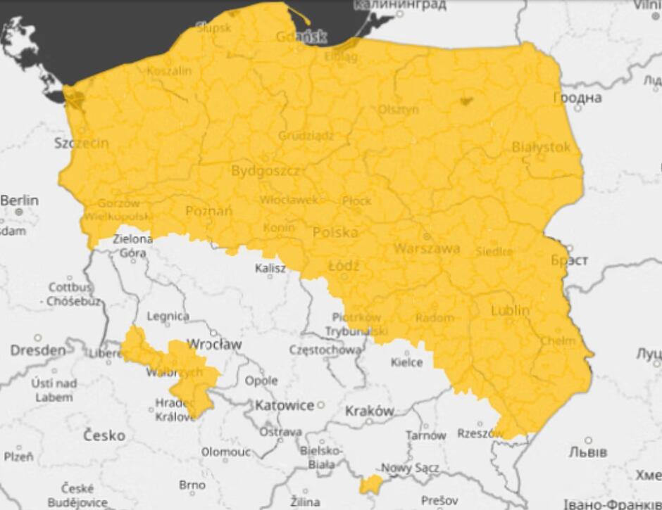 Mapka z konturami Polski, obszar objęty alertem jest pokolorowany na żółto