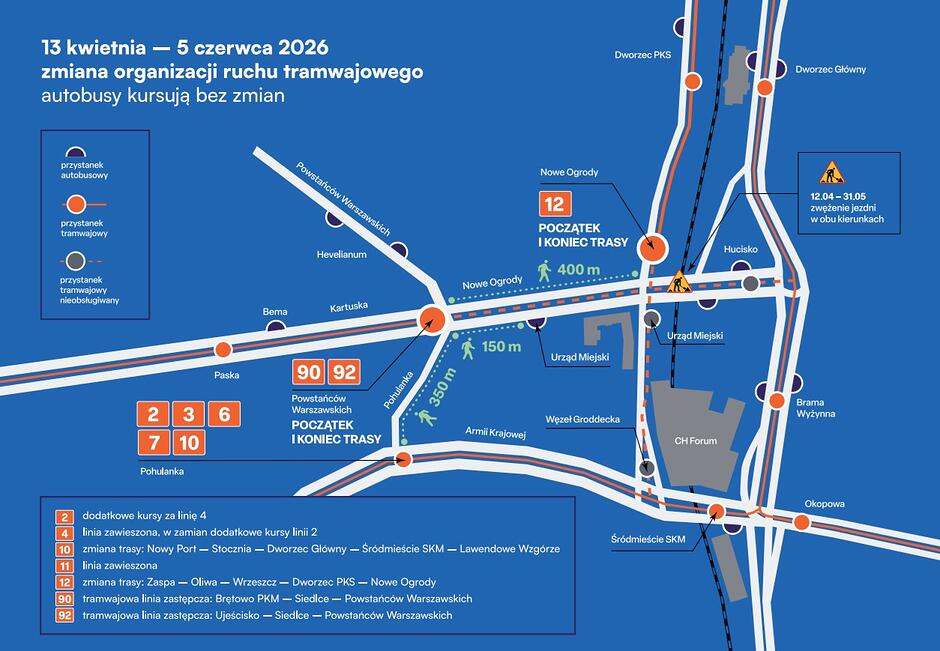 Mapka ze zmianami w funkcjonowaniu komunikacji miejskiej