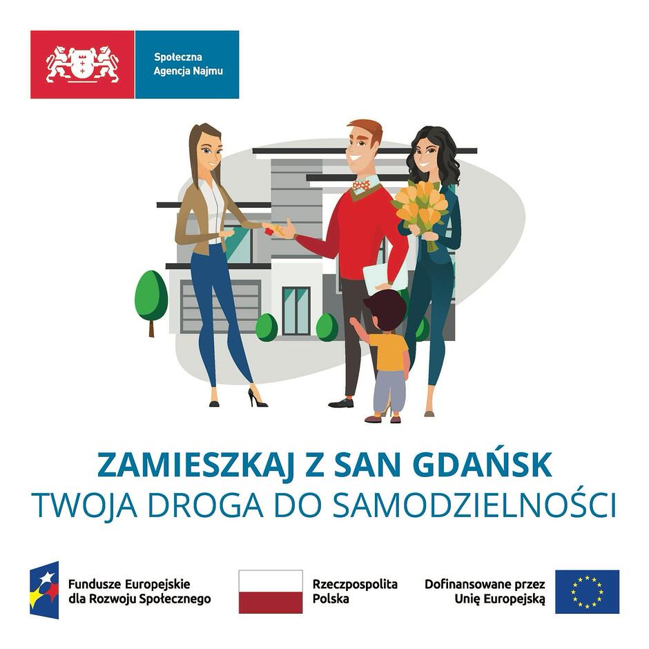 Plakat z kobietą, mężczyzną, dzieckiem, domem i napisami