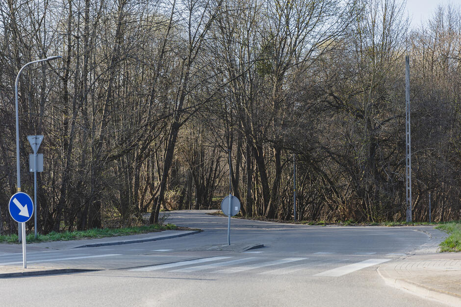 na zdjęciu fragment zakrętu asfaltowej ulicy, wokół las