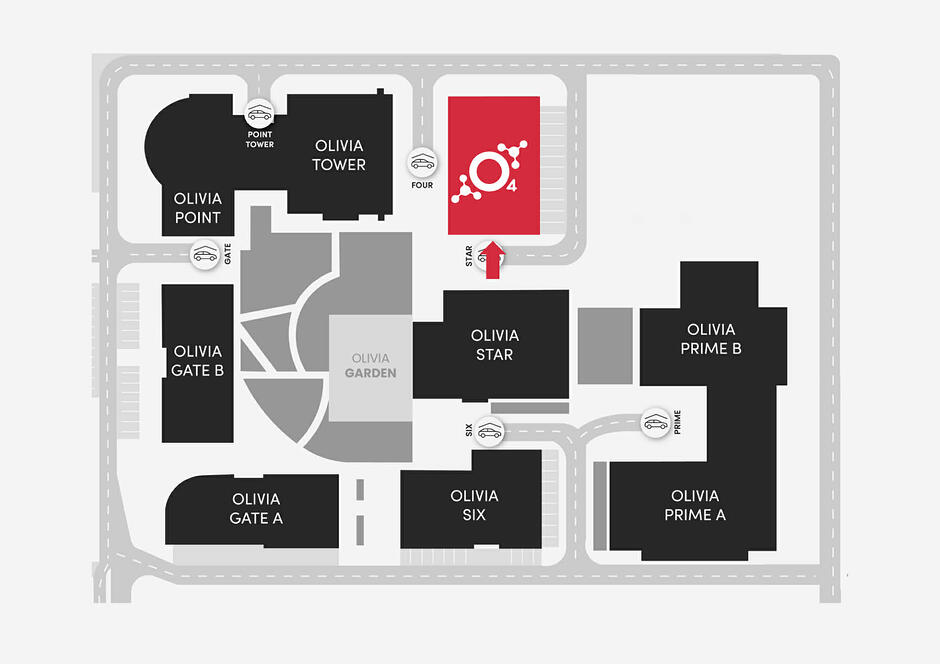 Obraz przedstawia schematyczny plan kompleksu biurowego Olivia Centre z zaznaczonymi budynkami, takimi jak Olivia Star, Olivia Tower czy Olivia Garden. Jeden z obiektów został wyróżniony intensywnym czerwonym kolorem i strzałką, co wskazuje na konkretną lokalizację lub cel podróży w obrębie kampusu.
