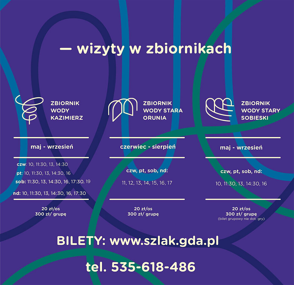 Grafika informująca o godzinach odwiedzin Gdańskiego Szlaku Wodociągowego