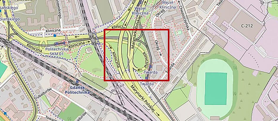 Mapa z fragmentem miasta i zaznaczoną zmiana organizacji ruchu.