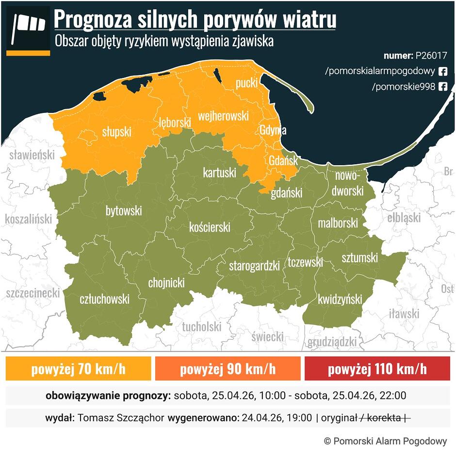 Mapka z kolorami oznaczającymi spodziewaną pogodę