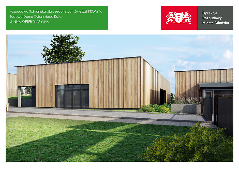 Obraz przedstawia nowoczesny, piętrowy budynek o elewacji łączącej jasne drewno z ciemnymi elementami wykończenia. Charakterystycznym punktem konstrukcji są przeszklone moduły z metalowymi kratownicami, które pełnią funkcję zabezpieczonych balkonów lub wybiegów.