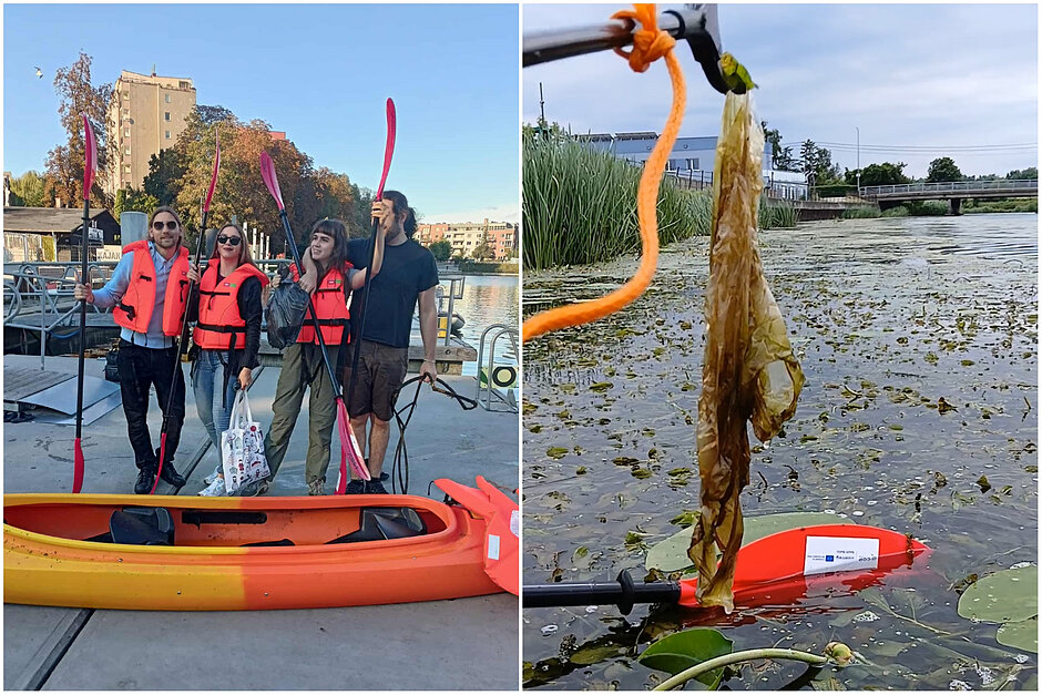 Kolaż dwóch zdjęć. Z lewej cztery osoby stoją obok kajak na nabrzeżu w mieście i trzymają wiosła. trzy z nich maja nałożone kapoki. W tle zabudowa miejska. Na zdjęciu z prawej widać wiosło zanurzone w rzece pokrytej wodną roślinnością oraz chwytak do śmieci trzymający wyłowioną folię. W tle szuwary.