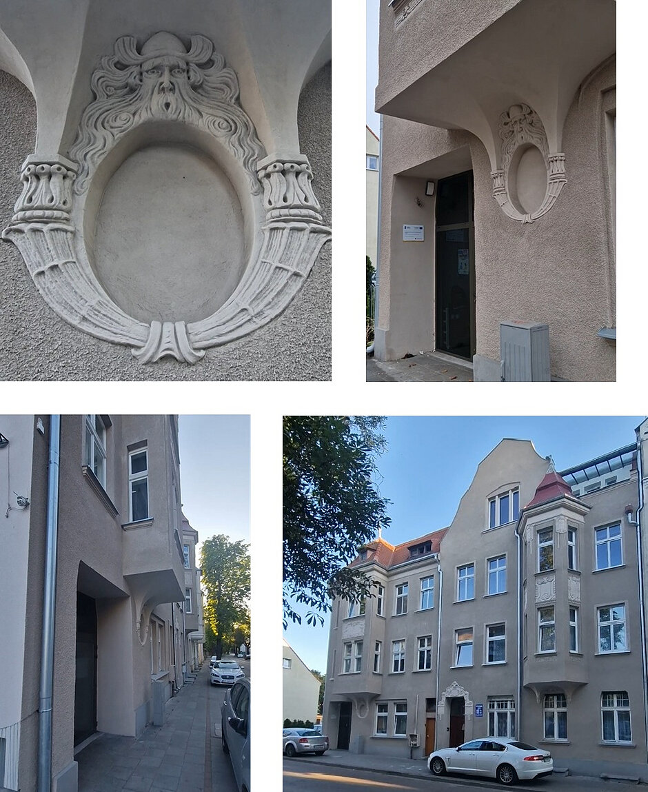 Zestaw czterech zdjęć pokazujących szarą kamienicę i wejście do niej z charakterystyczną płaskorzeźbą głowy brodatego mężczyzny
