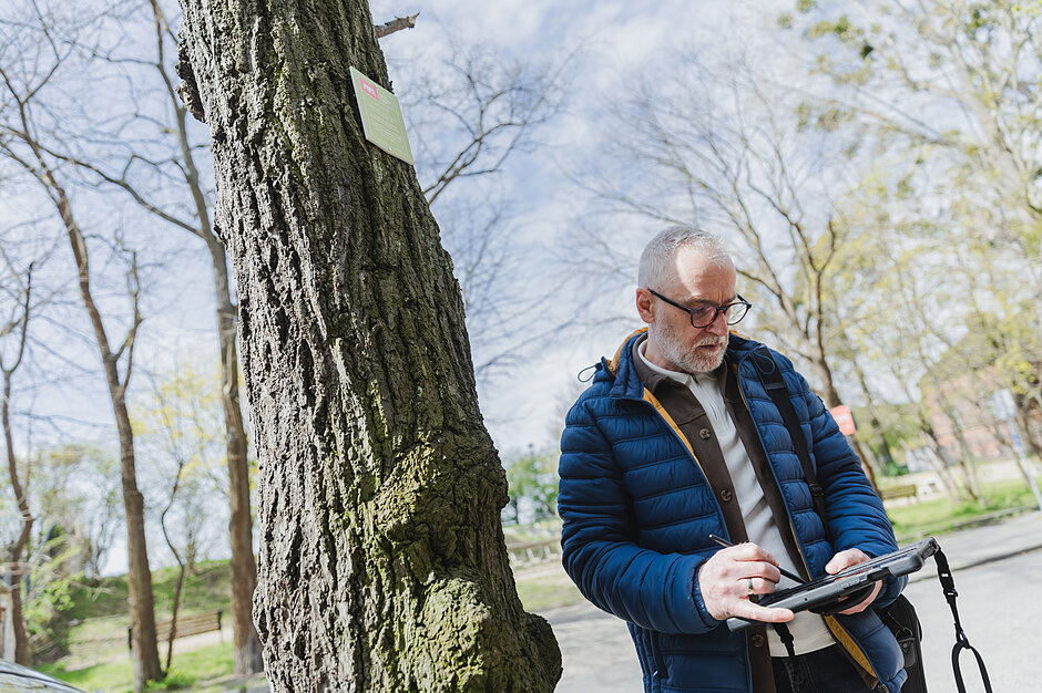 Mężczyzna z tabletem stoi koło drzewa.