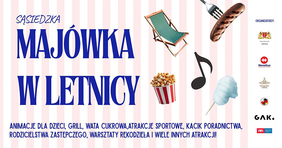 Grafika informująca o sąsiedzkiej majówce w dzielnicy Letnica w Gdańsku. Na grafice rysunki leżaka, kiełbaski na widelcu, popcornu, waty cukrowej i nutki.
