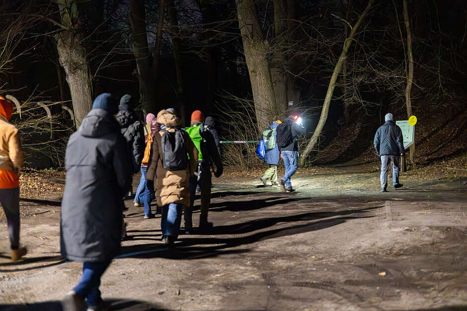 Grupa ludzi idzie wieczorem do lasu.