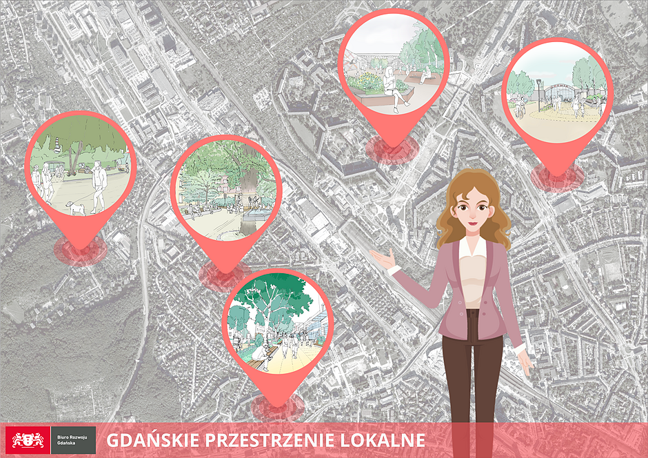 Grafika przedstawia mapę satelitarną z zaznaczonymi punktami lokalizacji, które ilustrują koncepcje zagospodarowania przestrzeni miejskiej. Animowana postać kobiety wskazuje na okrągłe grafiki prezentujące wizualizacje zielonych skwerów, parków oraz alejek spacerowych Gdańska.