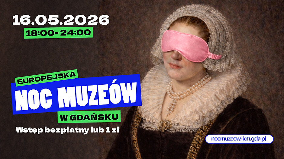 Grafika informująca o Nocy muzeów z obrazem kobiety w masce na oczach.