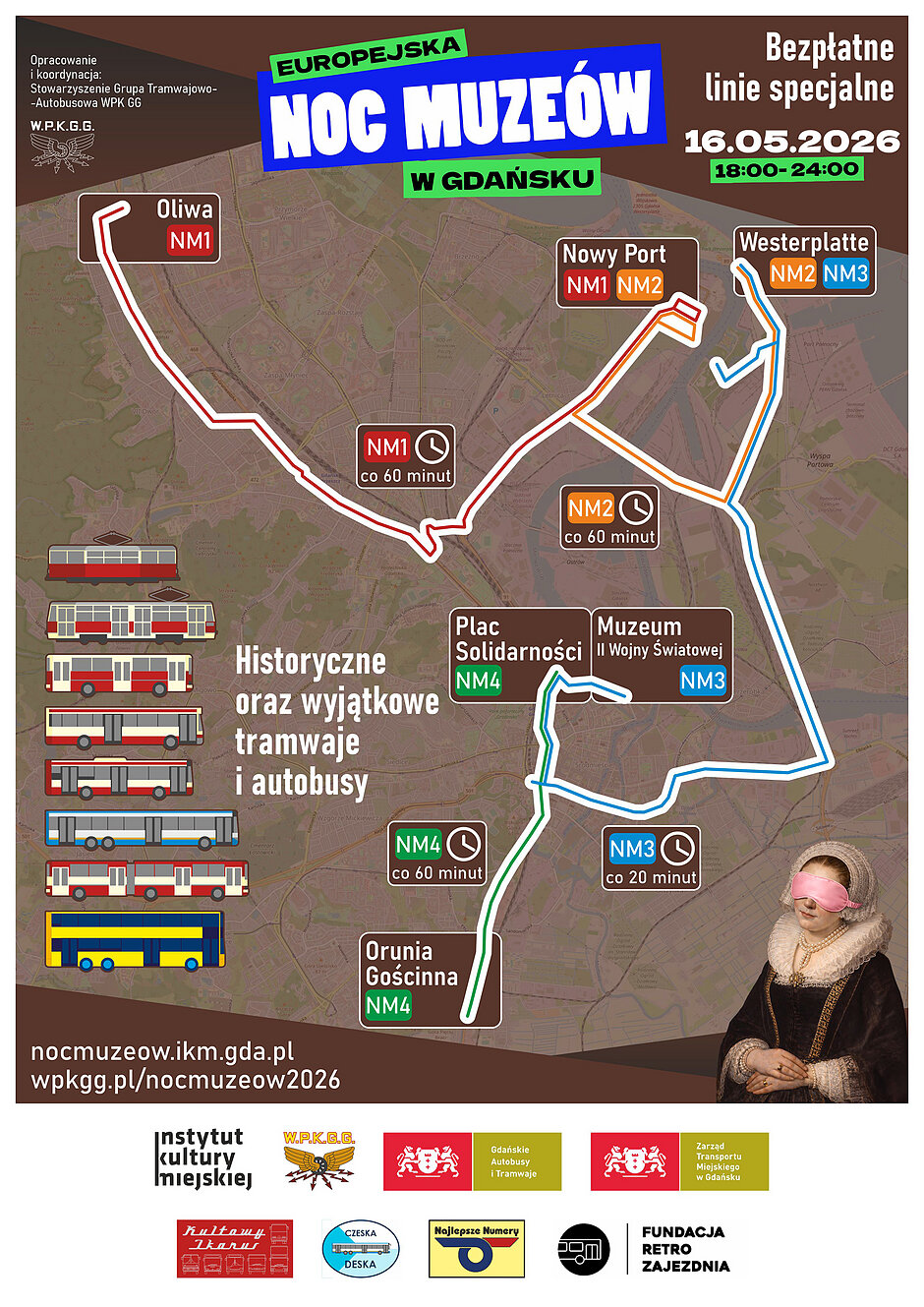 Grafika informująca o kursach specjalnych linii autobusów i tramwajów w Noc Muzeów.