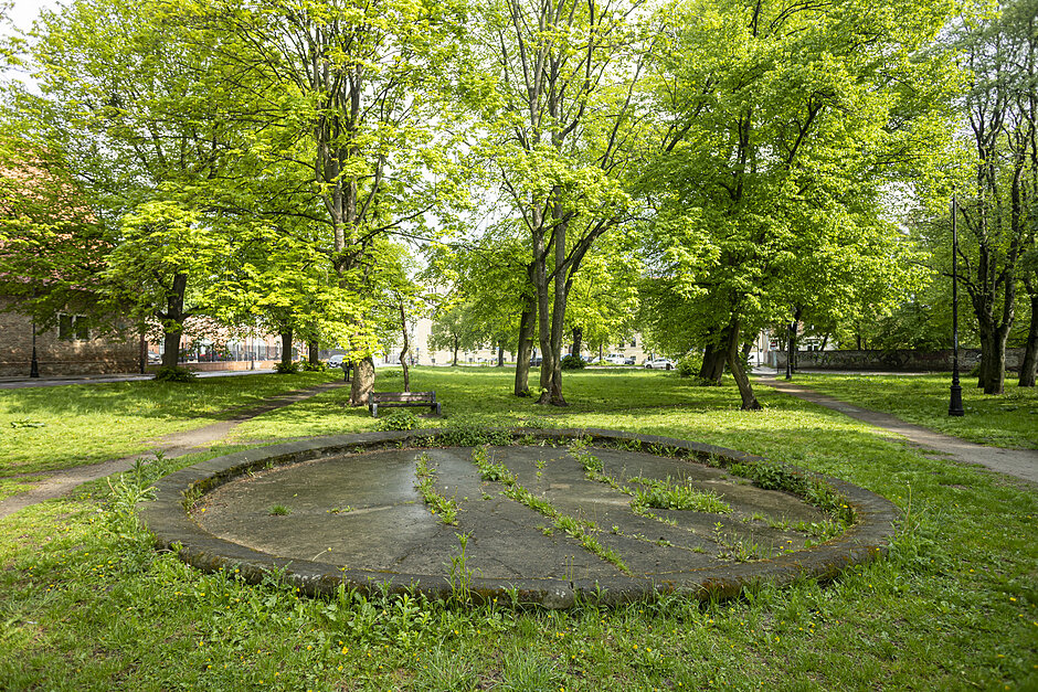 zielona przestrzeń parkowa z betonowym elementem pośrodku