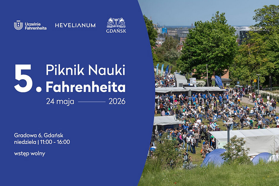 Grafika ze zdjęciem pleneru, w którym odbywa się liczne wydarzenie, informująca o 5. Pikniku Nauki Fahrenheita.