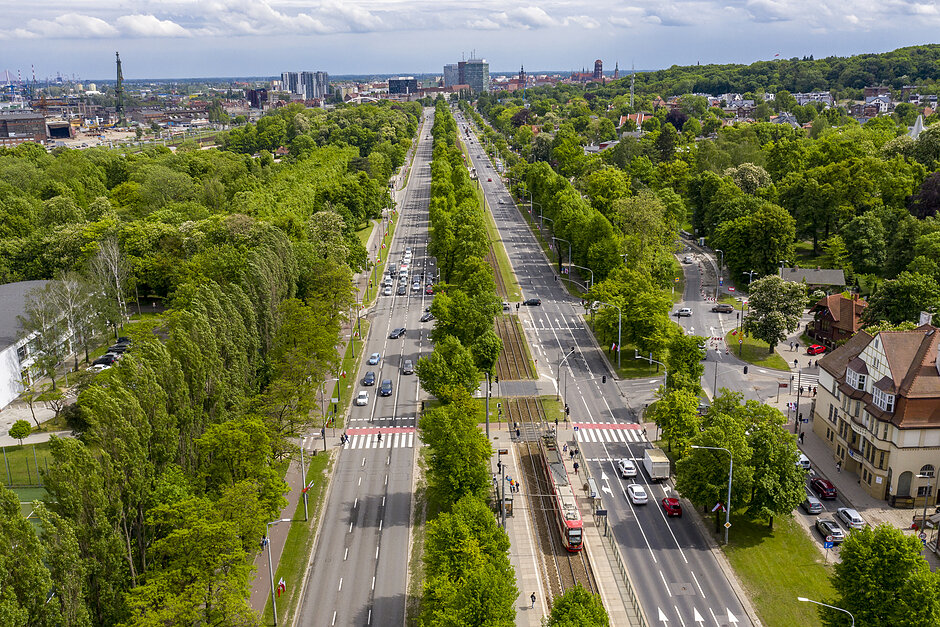 Zdjęcie z lotu ptaka na dwupasmową ulicę w mieście obsadzoną aleją lipową.