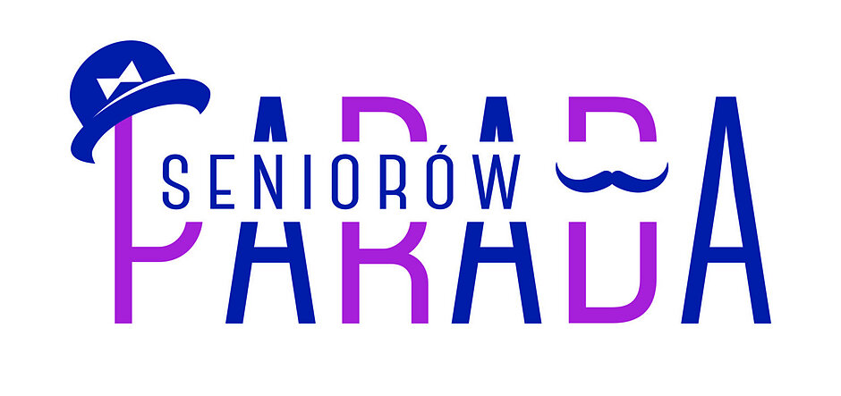 Logo z napisem „PARADA SENIORÓW”. Litery słowa „PARADA” są duże, wąskie i wysokie, napisane naprzemiennie kolorami fioletowym i ciemnoniebieskim. Słowo „SENIORÓW” jest mniejsze, zapisane ciemnoniebieską czcionką i wkomponowane wewnątrz pierwszej litery „P”. Na szczycie litery „P” znajduje się ciemnoniebieski melonik z białą muszką, a nad literą „D” umieszczono ciemnoniebieskie wąsy. Całość znajduje się na białym tle.