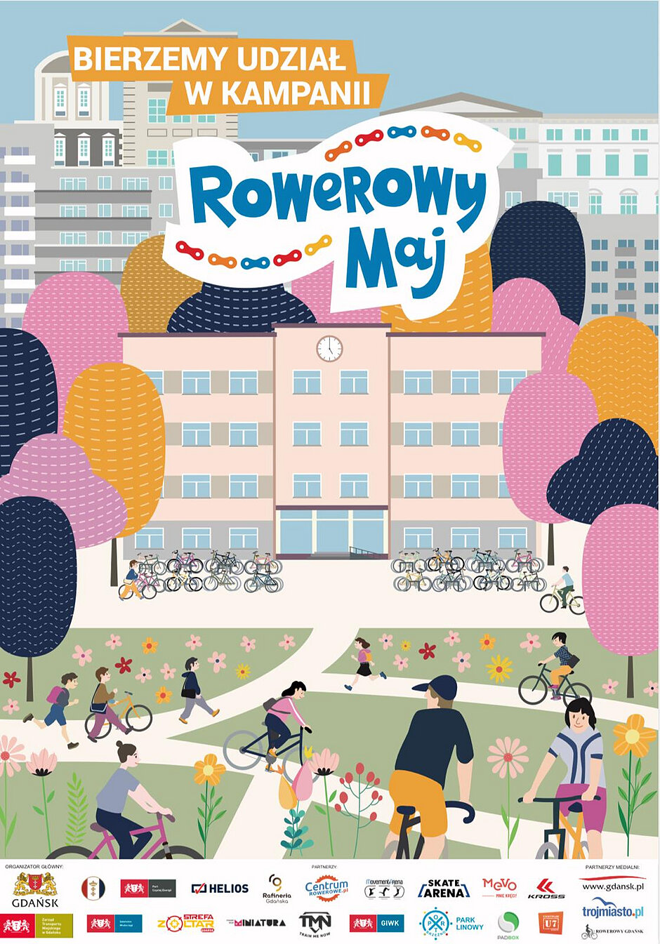 Twoje słowa: opisz w 2 zdaniachPlakat promuje kampanię „Rowerowy Maj”, zachęcającą do aktywnego docierania do szkoły na rowerach, hulajnogach czy rolkach. Przedstawia on kolorową ilustrację dzieci i młodzieży zmierzających w stronę budynku szkolnego, przed którym stoi mnóstwo przypiętych rowerów.