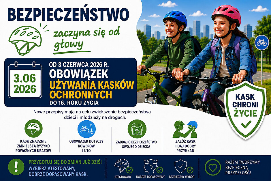 Plakat informuje o wprowadzeniu od 3 czerwca 2026 roku obowiązku używania kasków ochronnych dla dzieci i młodzieży do 16. roku życia. Grafika przedstawia uśmiechnięte dzieci na rowerach oraz zawiera kluczowe hasła promujące bezpieczeństwo na drogach.