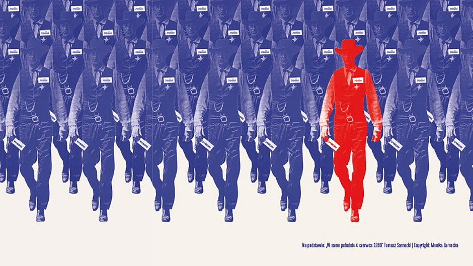 Wiele postaci szeryfa z westernu W samo południe - idą w kierunku widza. Wszystkie postaci są w kolorze niebieskim, pośród nich jedna w kolorze czerwonym 