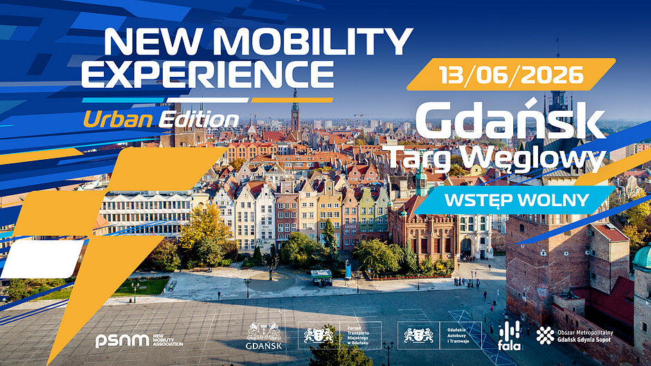 Grafika informująca o wydarzeniu New Mobility Experience Urban Edition Gdańsk ze zdjęciem panramy miasta.